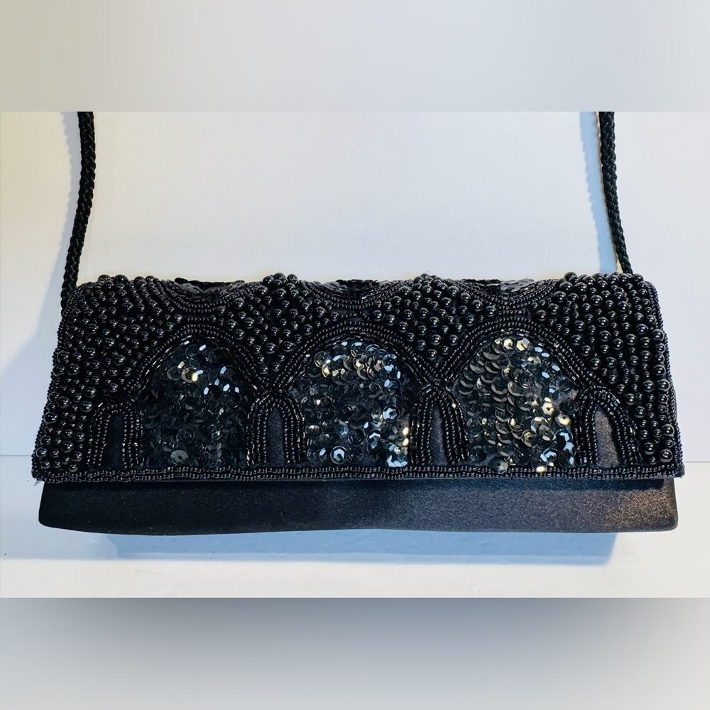 Vintage Black Sequin Beaded Clutch Purse NWOT
